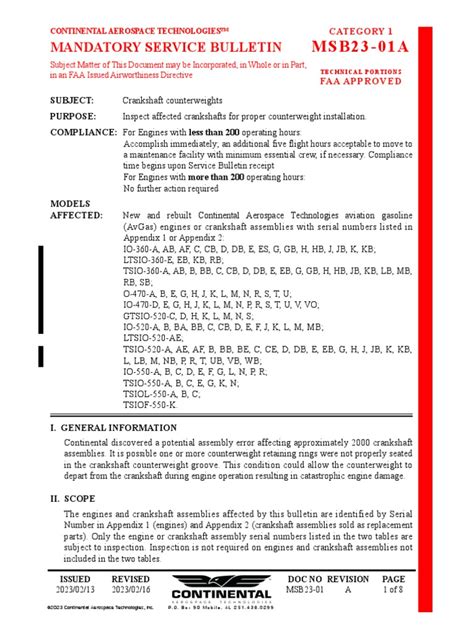 continental service bulletin msb23 01a